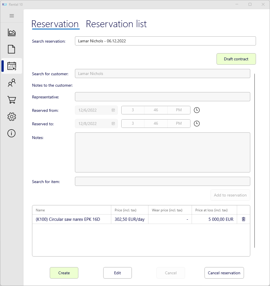 Filled reservation form